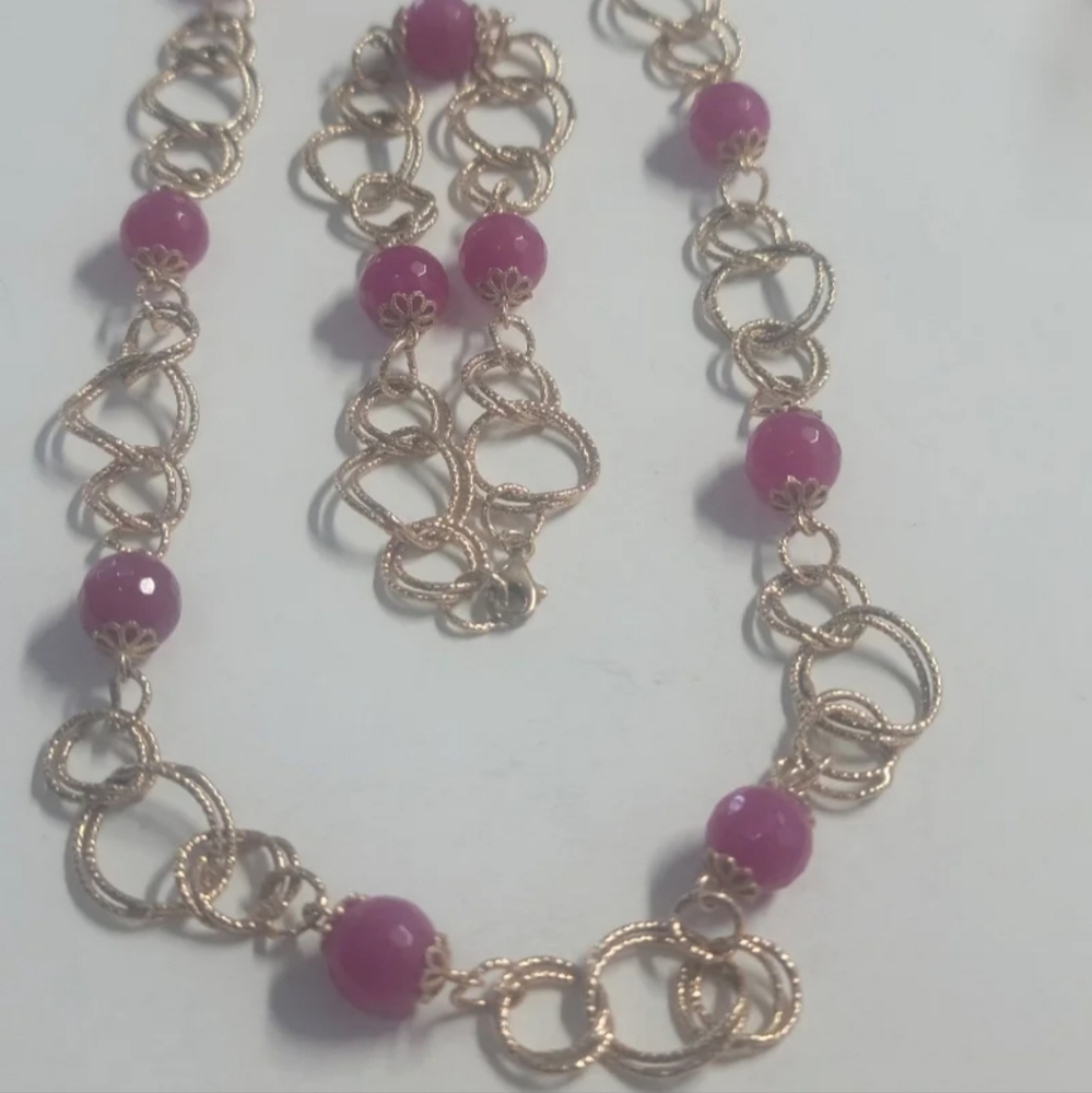 S95  Natural Ruby Station Link Necklace and Bracelet Set